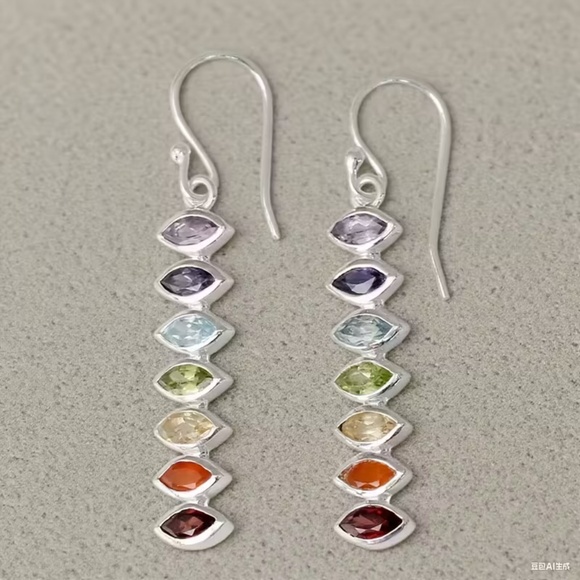 Silver tone Multicolor crystals Dangle Earrings - Picture 3 of 7